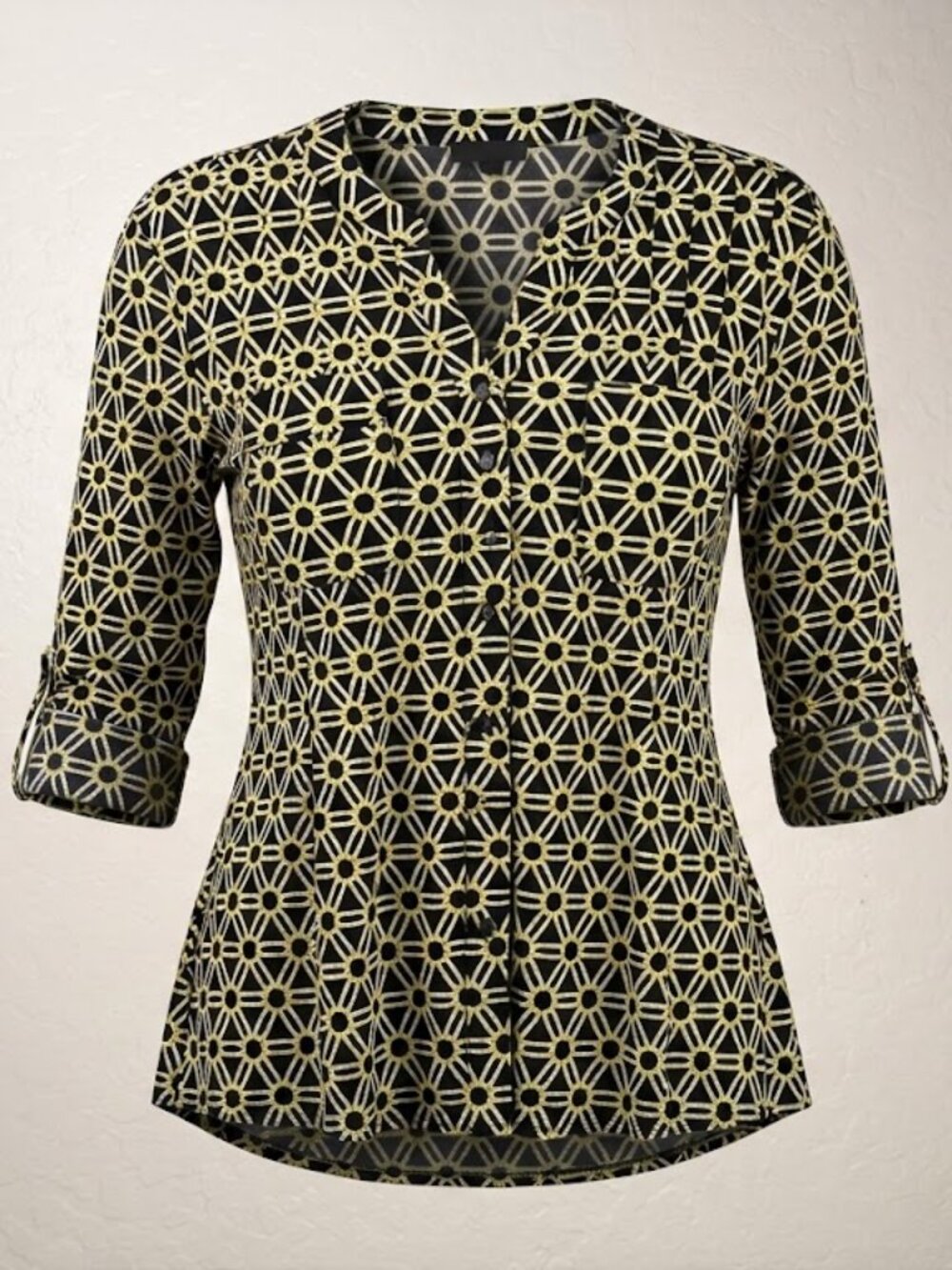 Cocomo Geometric Roll-Tab Sleeve V-Neck Blouse / L